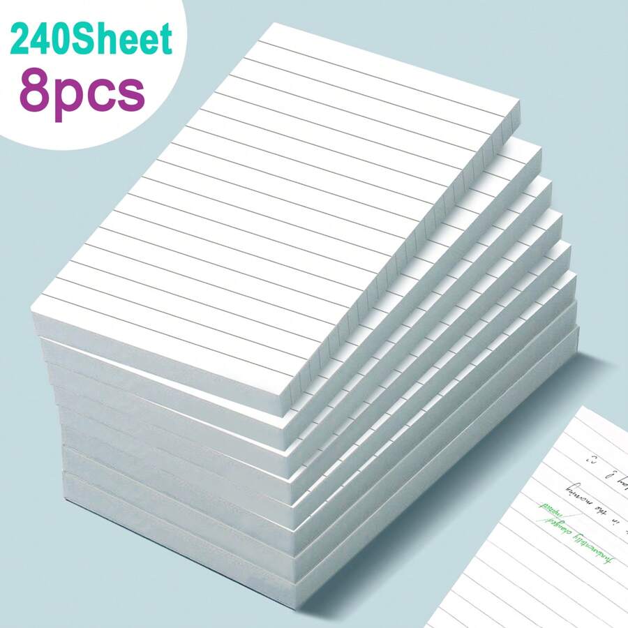 8pcs/3pcs Pack, Line Memo Pads, Self-Adhesive Sticky Notes, Large-Size Ruled White Paper, 30 Sheets/Pad, Easy To Stick On Office/Home/School Notice Board Back To School
