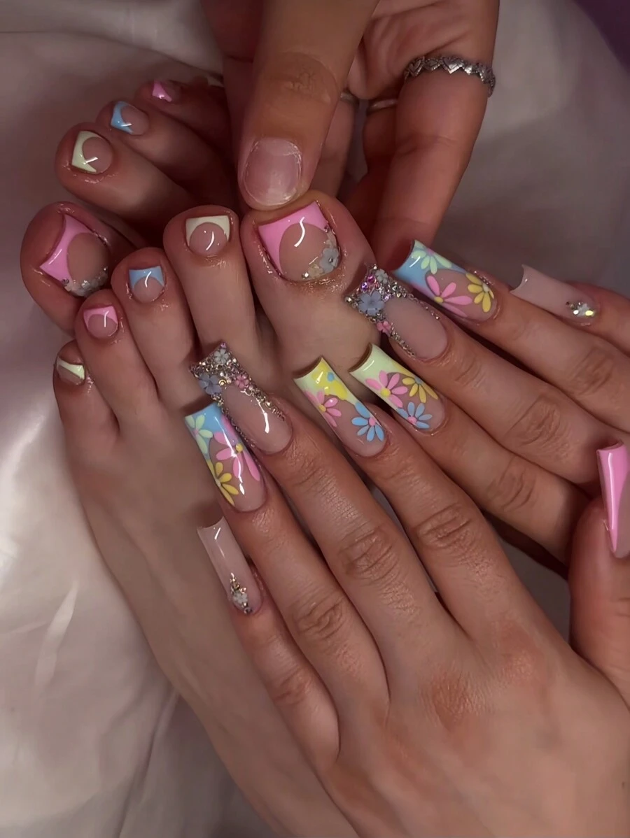 48 stks/set Kleurrijke Bloem & Strass Volledige Dekking Vierkante Kunstnagels & Teennagels, Met Gel En Nagelvijl, Voor Alle Vrouwen Druk Op Nagels Nagelbenodigdheden