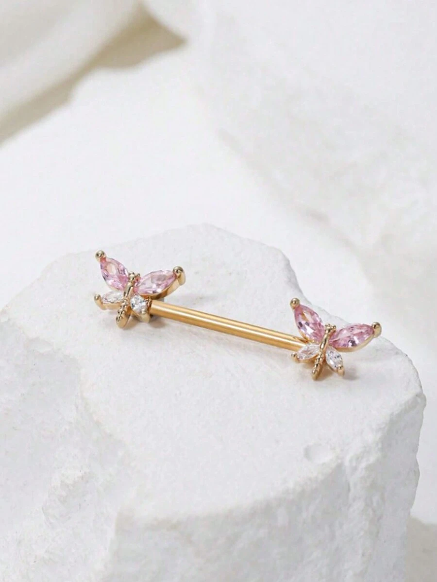 1 pièce Broche de mamelon en acier inoxydable avec zircone rose et libellule, bijoux corporels sexy pour femmes en été