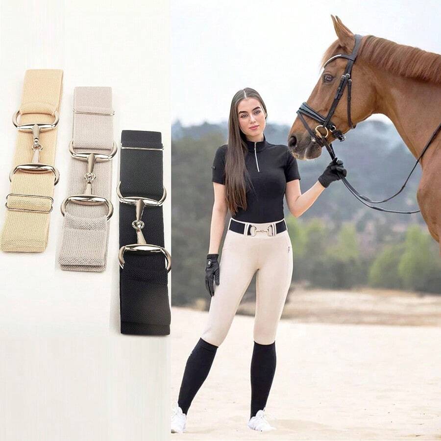 1pc Elastic Belt With Horseshoe Buckle For Equestrian Sports, Daily Wear And Outfits, Elasticity Equestrian Leather Belt With Buckle And Keychain Halloween Summer, School