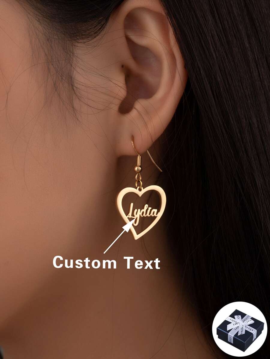 1pair Personalized European And American Style Heart-Shaped Name Earrings, Customized With Gold Plated Name, Suitable For Mother's Day, Valentine's Day, Birthday, Anniversary, Graduation, Christmas, Family And Friends