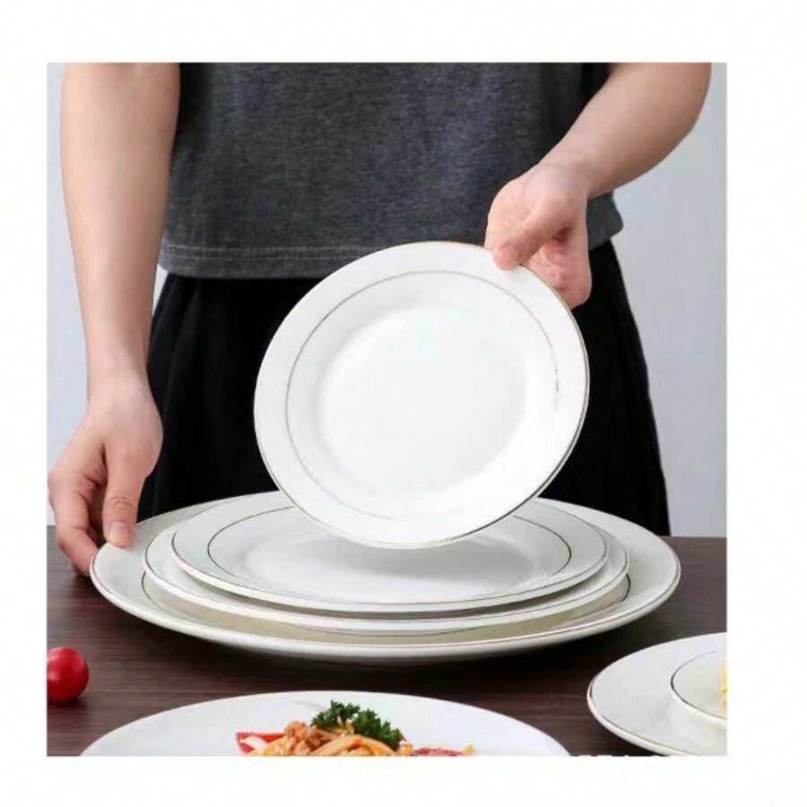 European Style Luxury Ceramic Serving Plate With Gold Rim, Ideal For Steak, Desserts And Snacks In Home And Buffet