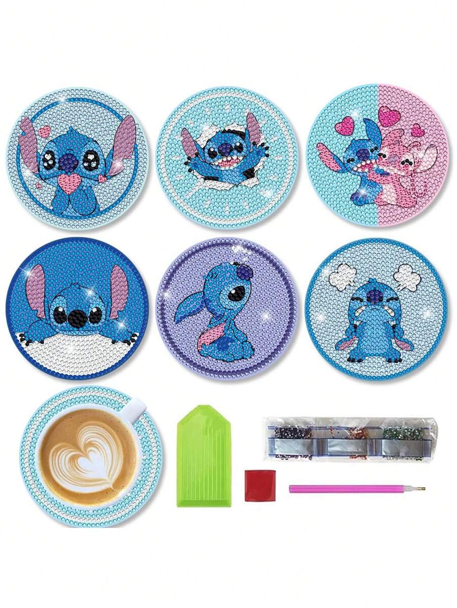 Set de 6 posavasos para pintura de diamantes, Set de posavasos de arte de pintura de diamantes de dibujos animados DIY para taza de café/bebida