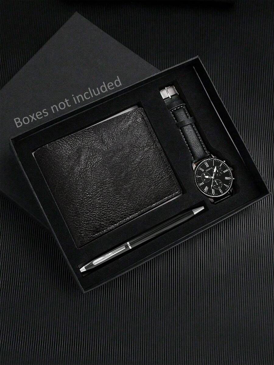 1 pièce Montre-bracelet à quartz étudiant genevoise décontractée pour garçons + 1 pièce Portefeuille noir haut de gamme et porte-cartes + 1 pièce Ensemble de stylo noir élégant, ensemble cadeau de saison de remise de diplôme pour garçons