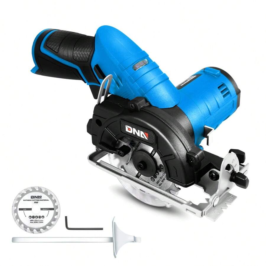 12V Compact Cordless Circular Saw With 85mm 20T Blade And Hex Key, Adjustable Cutting Depth/Angle, Blue (Tool Only)