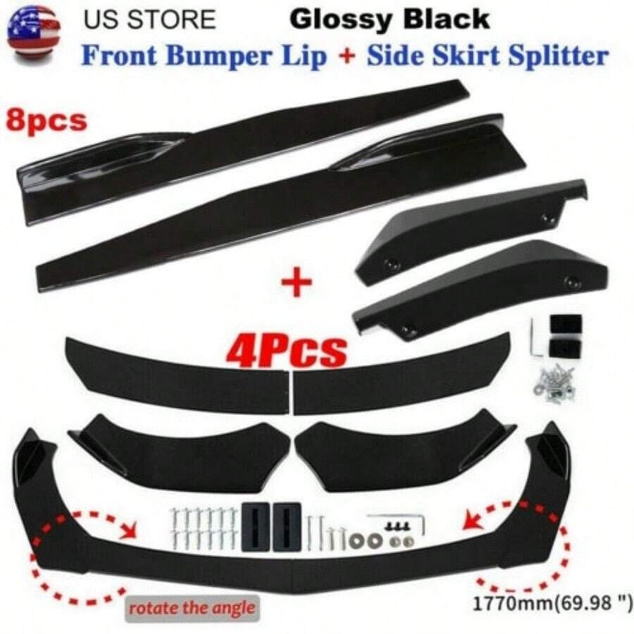 8pcs Glossy Black Front Bumper Spoiler Body Kit / 29.4 X 1.8 X 3.5 In Side Skirts /17.7 X 4.9 In Rear Lips /Adjustable 8-11" Splitter Rods For Audi BMW Chevrolet Civic Benz