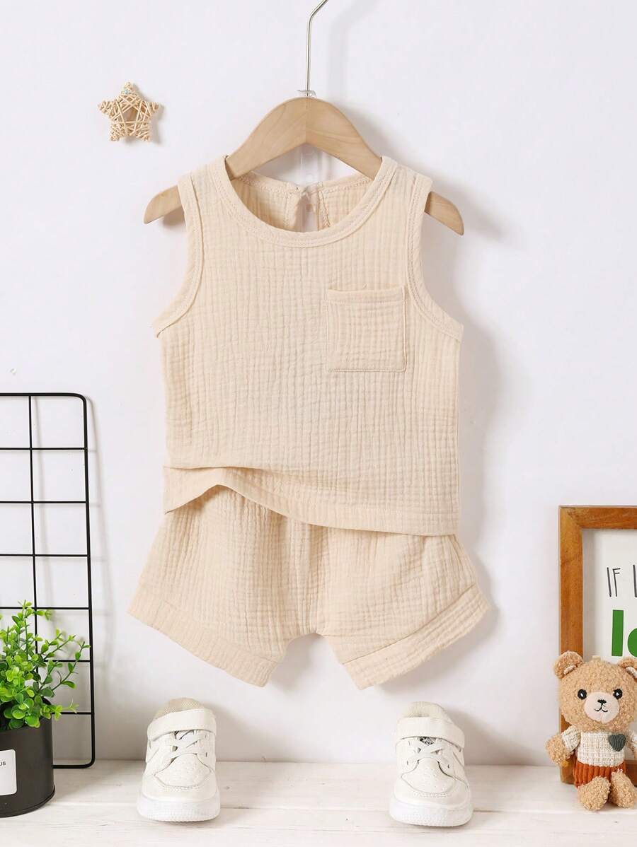 Baby Boy Fashionable Casual Summer Set Of Textured Fabric Pocketed Vest & Shorts