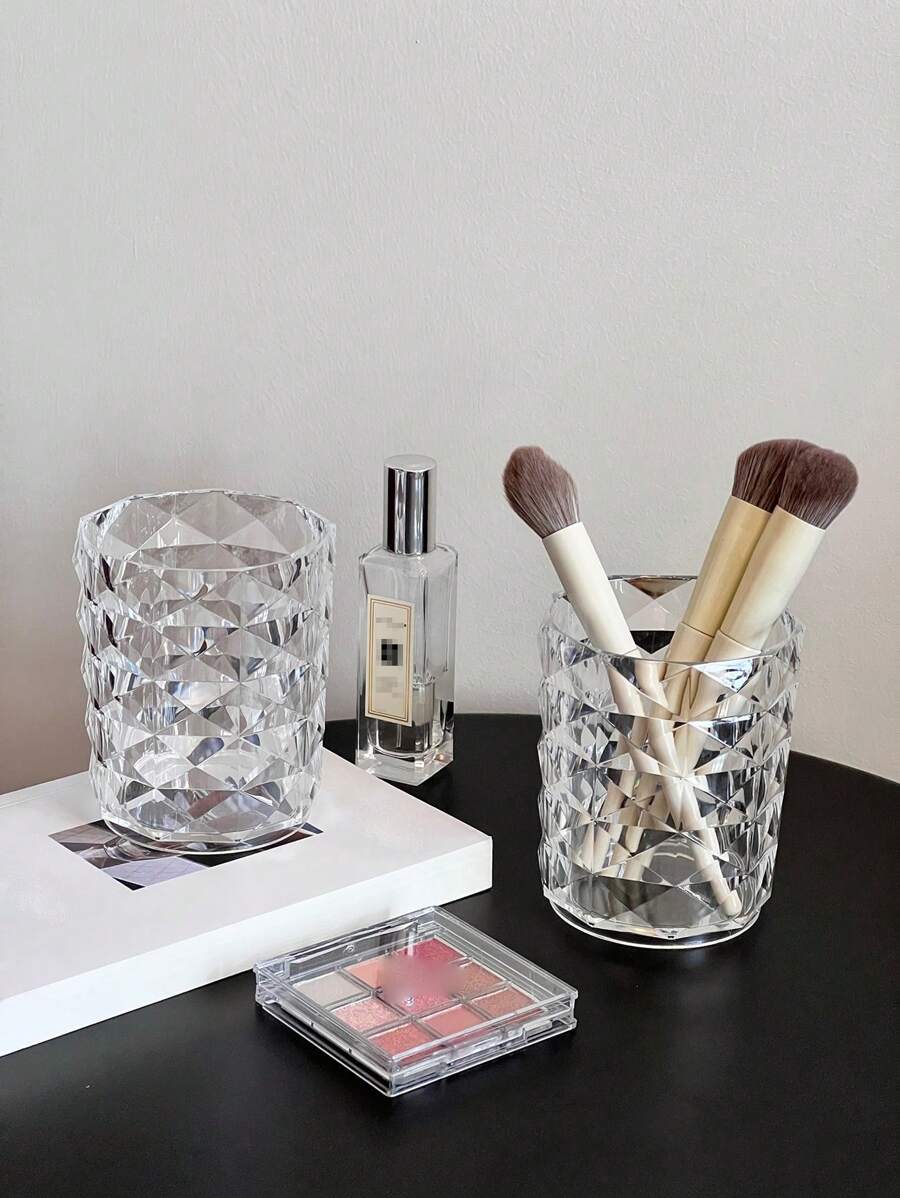 1pc/2pcs Transparent Makeup Brush Holder Storage Box, Elegant Diamond Pattern Water Cup Bathroom Toothbrush & Toothpaste Organizer,For Holiday Beach, Bathroom Collection, Bedroom Collection, Large Capacity