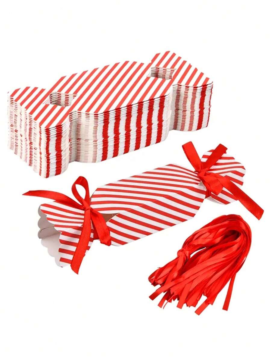 50/100 Pcs Christmas Candy Boxes Empty For Treat Boxes With Ribbon Red Small Candy Boxes For Sweets, Chocolate, Decoration Gift Boxes Party Favor Boxes For Xmas, Wedding Party Wrap Bag