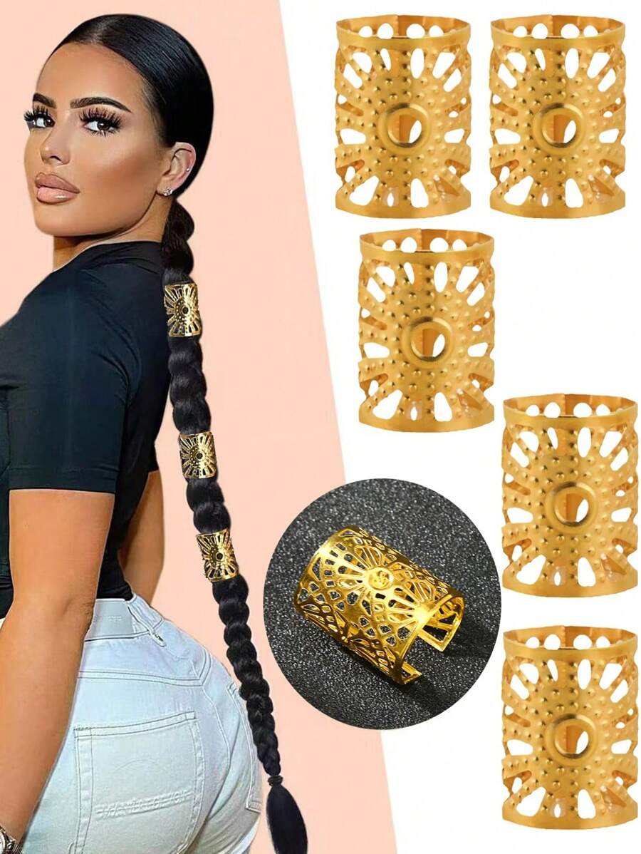 5 piezas Anillos de cabello huecos dorados grandes, clips de cabello vintage estilo dreadlock, accesorios de cabello personalizados y de moda, adecuados para uso diario y bricolaje
