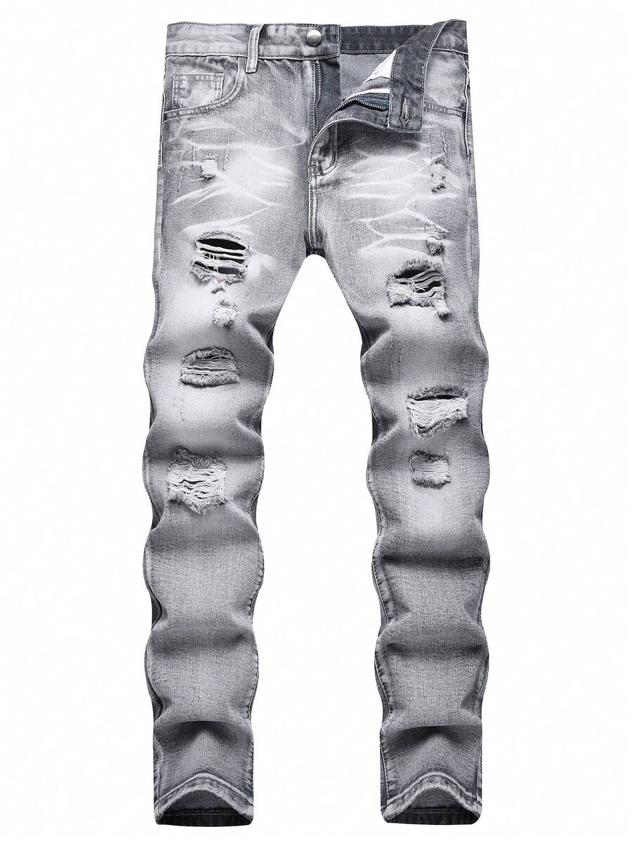 Pantalones vaqueros grises claros desgastados de corte recto y ajustado para hombre