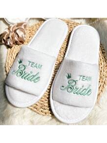White Slippers With Mint Green Crown Pattern and Teambride