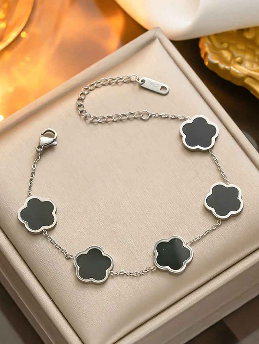 1pc Clover Flower Titanium Steel Bracelet For Women, Simple And Fashionable, With Single-Sided Abalone Shell Decor, Unique Design Valentines,Mom,Mother,Mother's Day,Gift