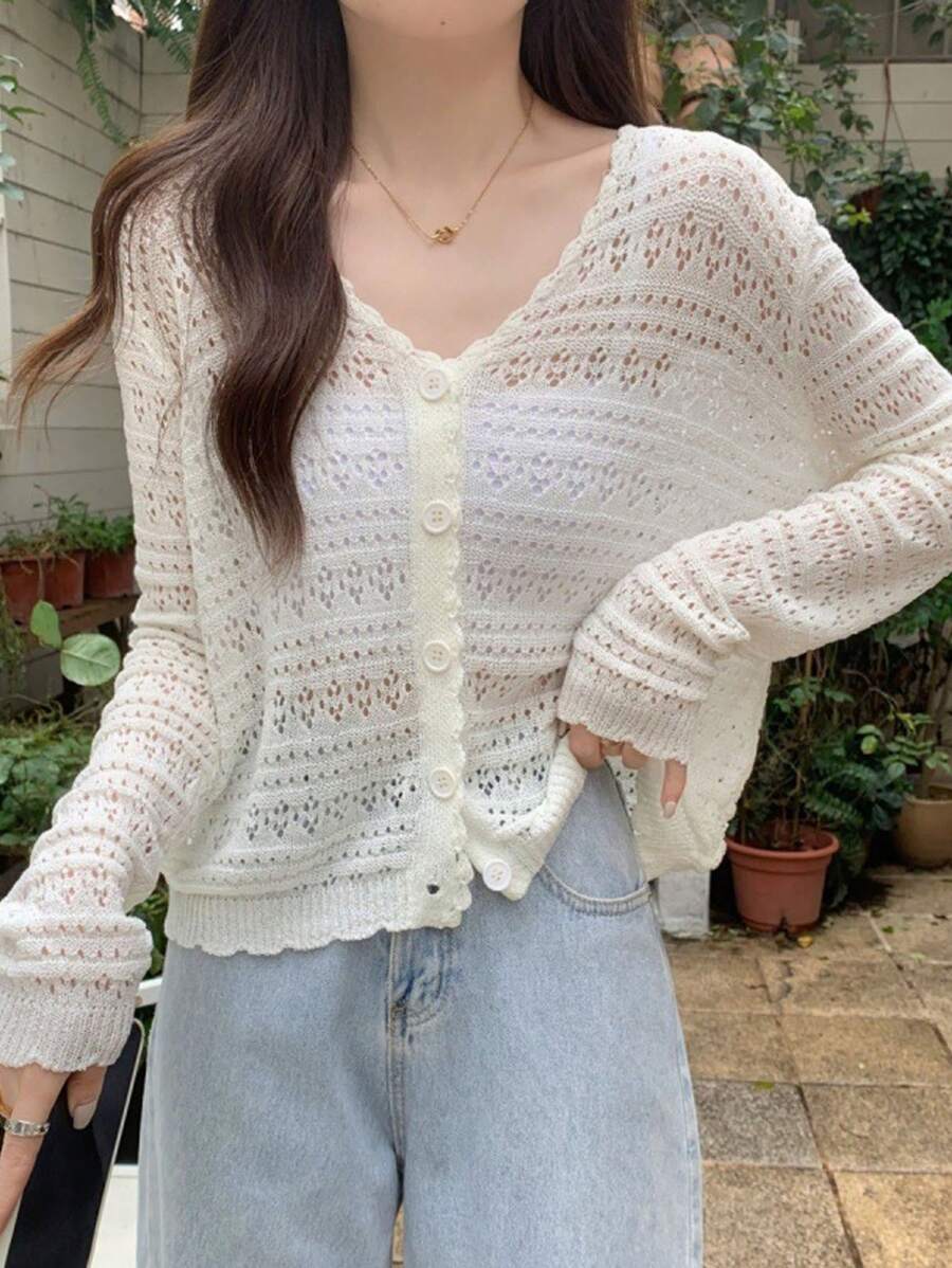 1pc Women's Shrug, Loose V-Neck Hollow Out Knitted Air-Conditioned Shirt, New Style Long Sleeve Sunscreen Cover Up Top Accessories Women