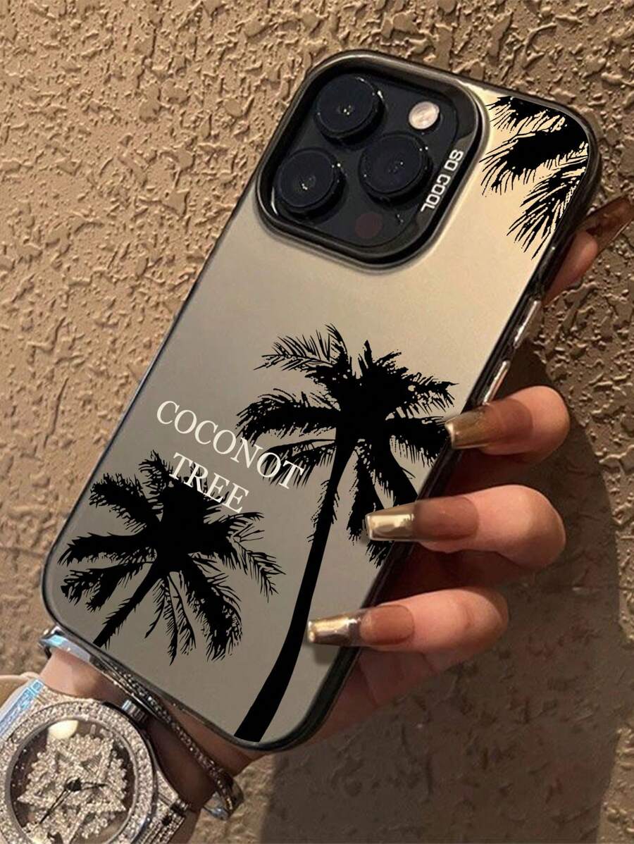 Étui de téléphone haut de gamme de style nouveau arbre de noix de coco occidental argenté coloré compatible avec iPhone 15 Pro Max/11/13 Pro/15 Pro/15/13 Pro Max, matériau antichoc, compatible avec la série iPhone 14/13/12 entièrement enveloppée