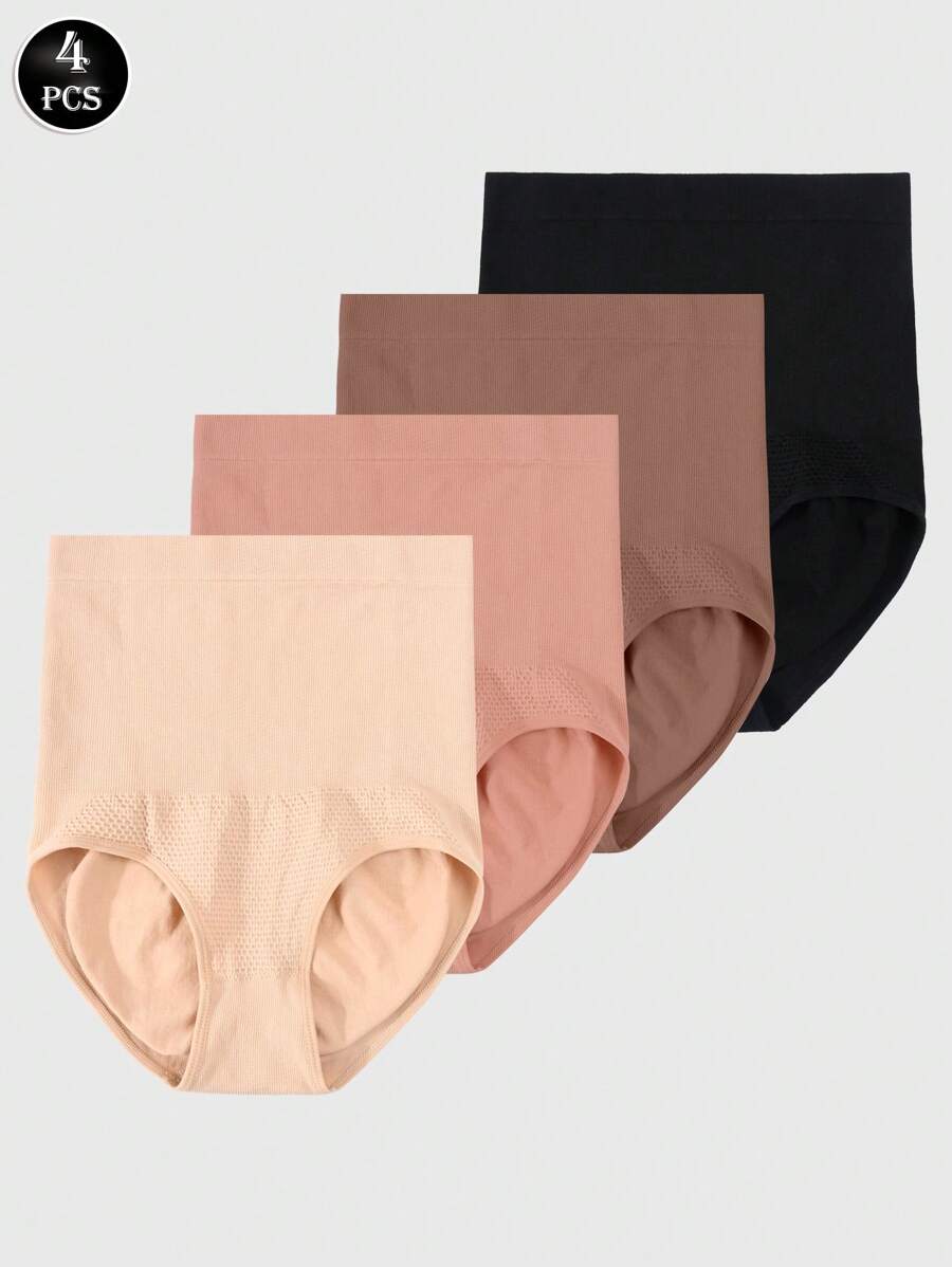 4pcs Solid Color Seamless High-Waisted Tummy Control Butt Lifter Women's Underwear