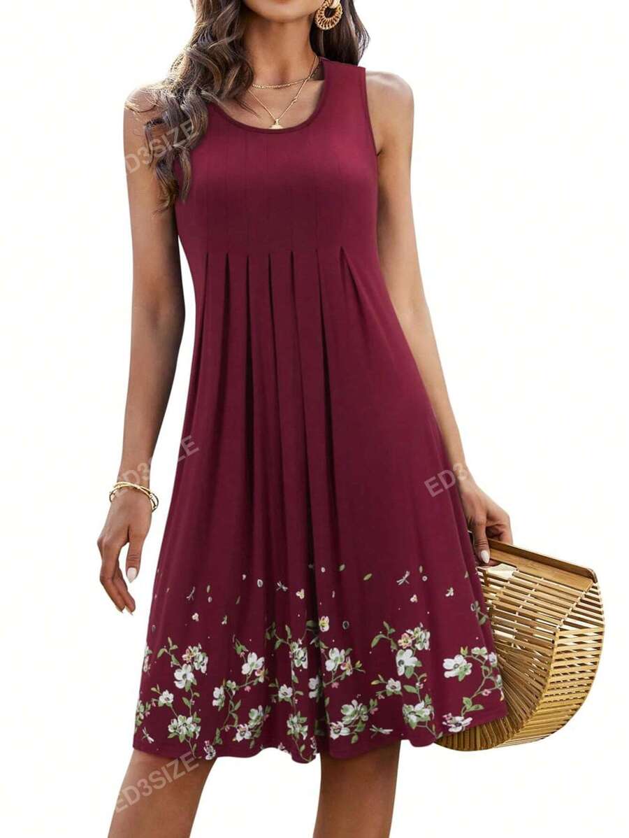 GOOTUCH Women's Summer Floral Print Pleated Casual Tank Dress