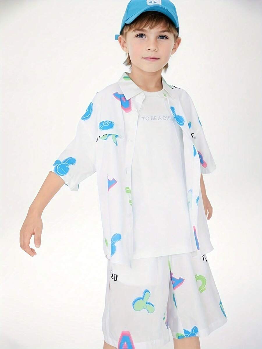 Annil Camisa para niños en el centro comercial, con camisa de manga corta estampada con cuello de solapa, nueva camisa informal suelta de verano