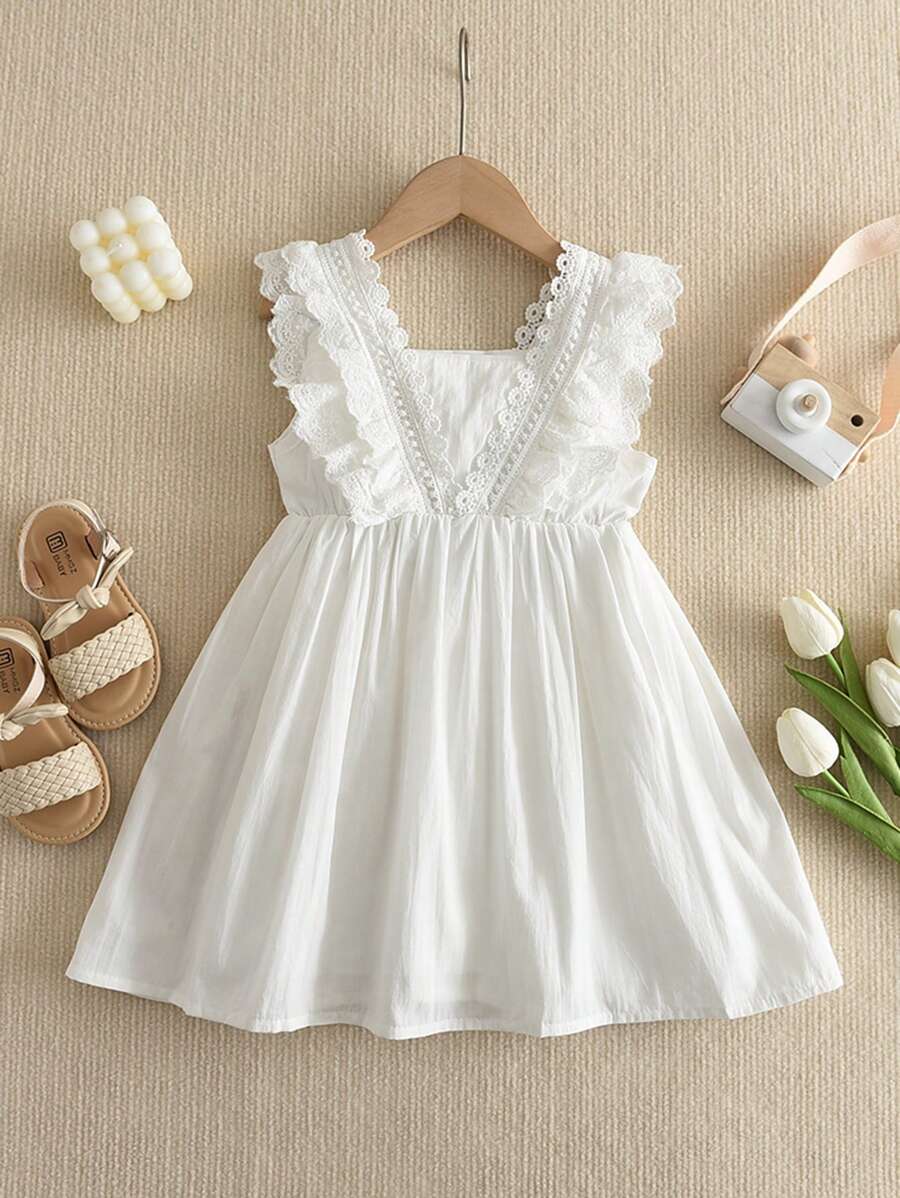 Young Girls Fashionable Lace Sleeveless Princess Vacation Dress, Summer