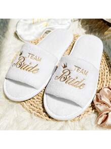 White Slippers With Gold Crown Pattern and Teambride