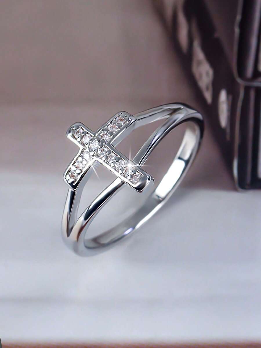 1pc Fashion Geometric Cross CZ Decor Double Layer Ring, Suitable For Daily Wear & Decoration For Women
