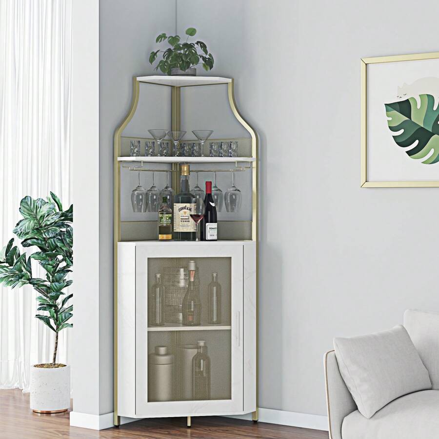 60" Corner Wine Bar Cabinet With Large Storage Space And Removable Wine Rack, 4-Tier Coffee Bar Cabinet With Glass Holder And Mesh Door, Liquor Cabinet Bar