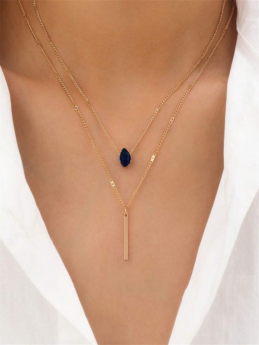 Conjunto de 2 peças Colar de Camadas Duplas em Formato de Pêndulo com Gota e Pedra de Zircônia Cúbica em Metal Simples, Adequado para o Uso Diário de Mulheres, Escola, Negócios, Reuniões, Compras e um Conjunto de Joias Versátil para Mulheres