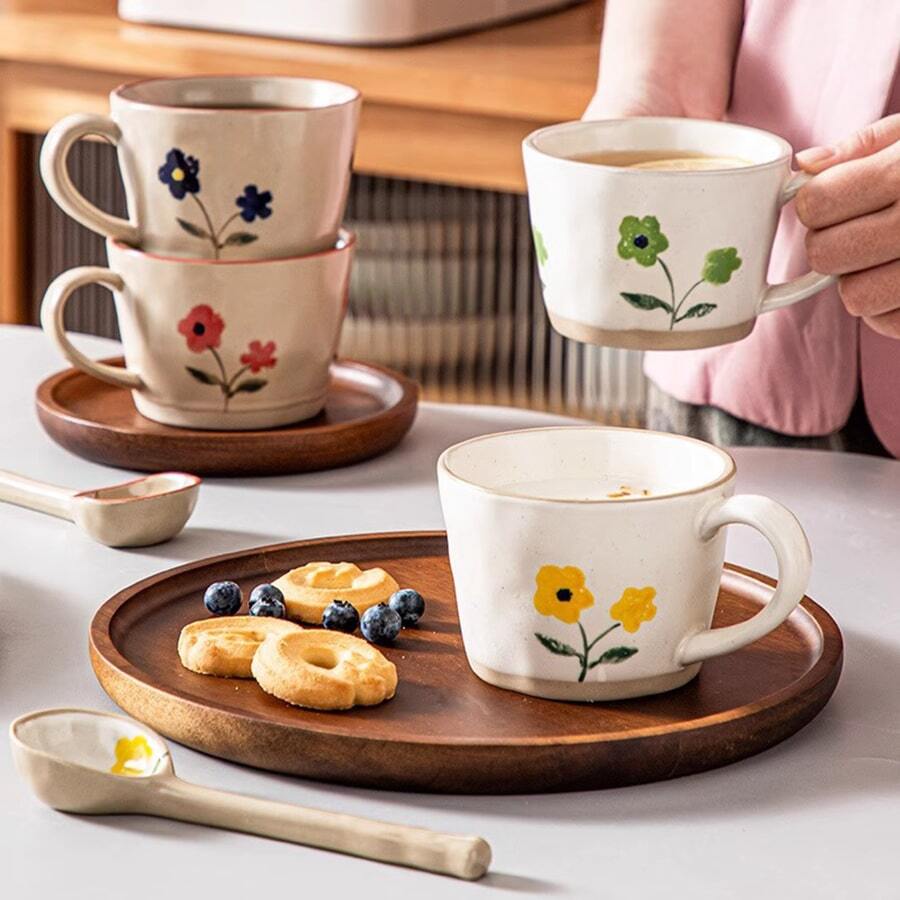 Taza de café de cerámica japonesa pintada a mano de 11 onzas - Diseño floral bohemio - Apta para agua, bebidas y cereales - Taza de café encantadora para uso en el hogar u oficina, de vuelta a la escuela