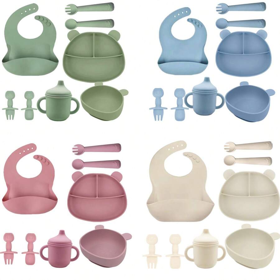 8 pezzi/set Stoviglie di alimentazione per bambini, piatti in silicone con base a ventosa, bavaglini regolabili, forchette, cucchiai, tazza per snack e tazza per paglia in silicone