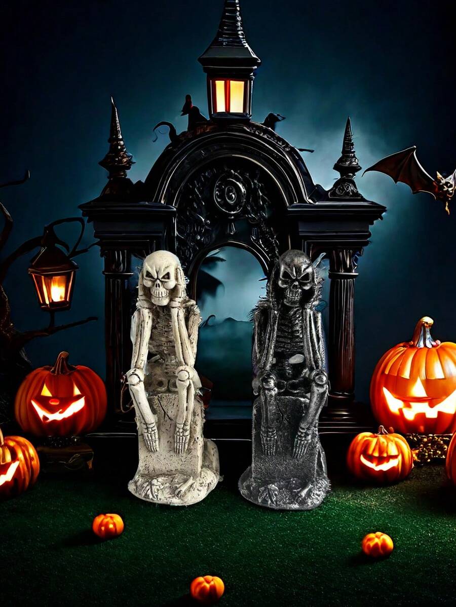 1pc Halloween Party Decor Skeleton Sitting On Gravestone Worried Figurine, Home Decoration