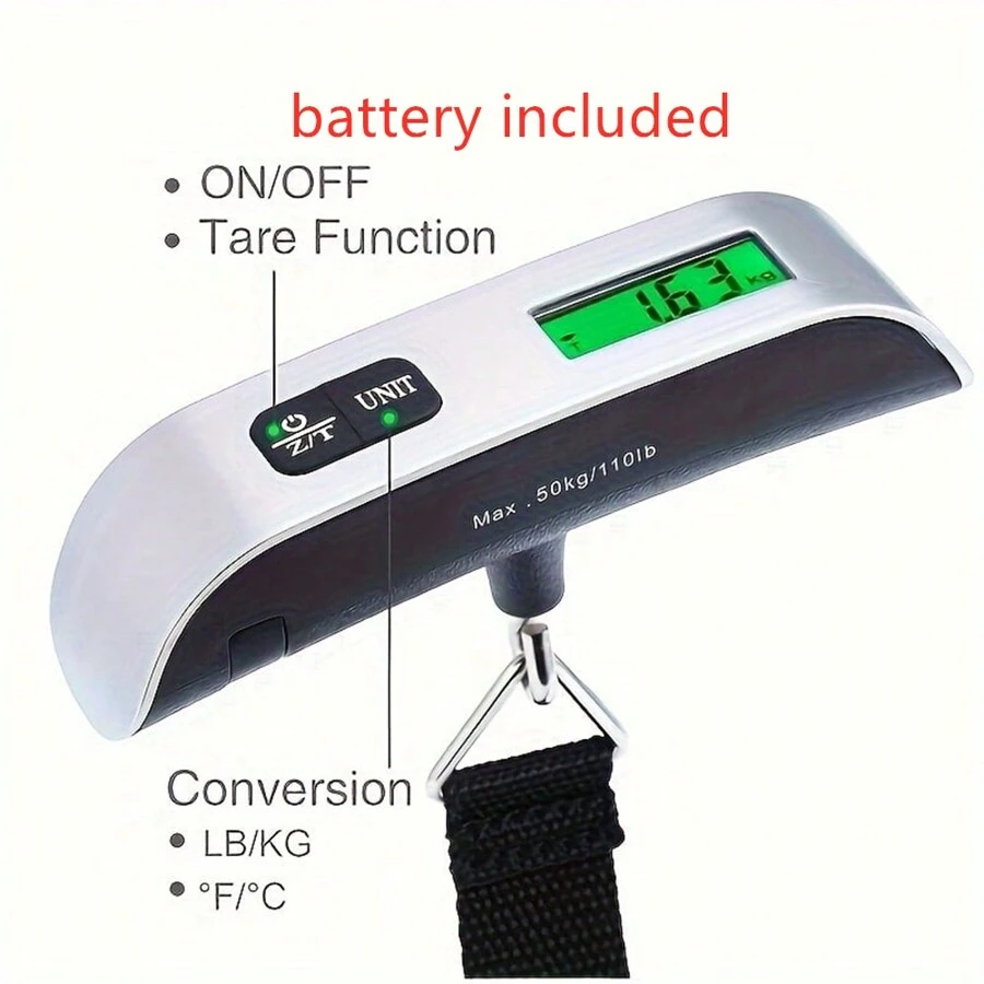 1pc Portable Luggage Scale With Battery, High Precision Travel Digital Hanging Scales With Hook Or With Webbing Belt, LCD Display 50kg 110lbs Electronic Fishing Weighs Weight Balance Tool, 50kg/10g Digital Luggage Scale Electronic Portable Suitcase Travel Weighs With Backlight Electronic Travel Hanging Scales Airplane Webbing Scales