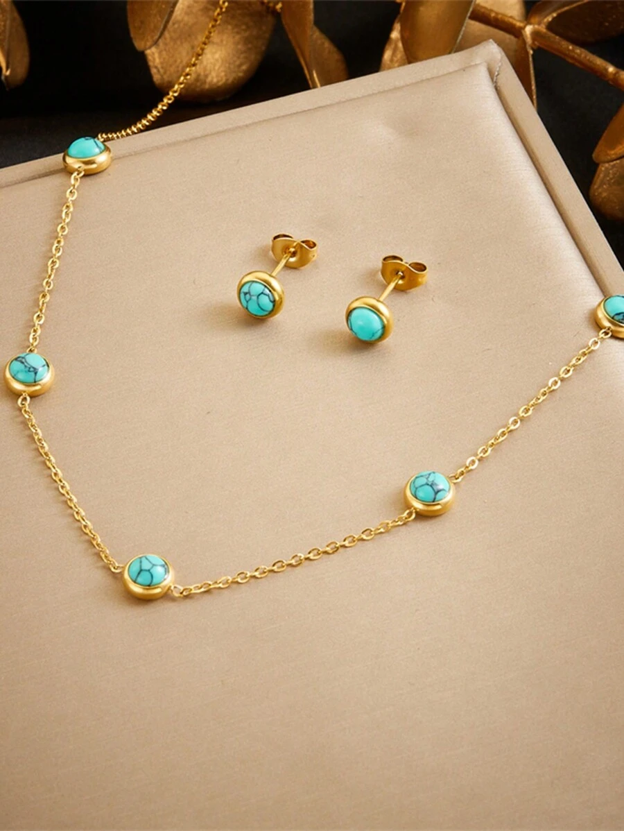Conjunto de 1 par de Brincos e 1 colar de Aço Inoxidável com Banho de Ouro Retro Redondo de Turquesa
