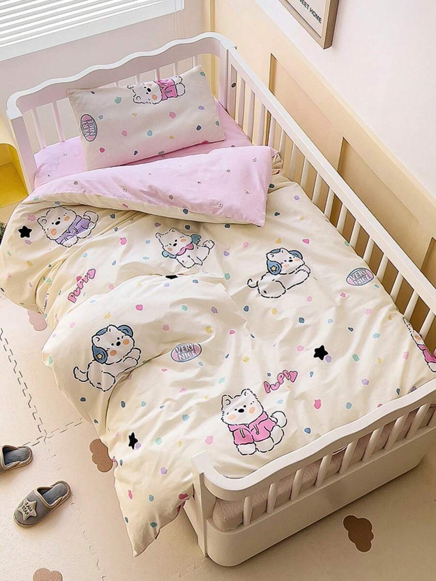 3 pièces Ensemble de literie, Housse de couette imprimée animaux de bande dessinée, Convient pour la sieste en crèche/maternelle, Retour à l'école, Chambre d'enfant, Rose/Bleu/Vert, Applicable pour les garçons et les filles, Comprenant 1 housse de couette (47*59 pouces), 1 housse de matelas (23*53 pouces), 1 housse d'oreiller (11*19 pouces) (Sans rembourrage)