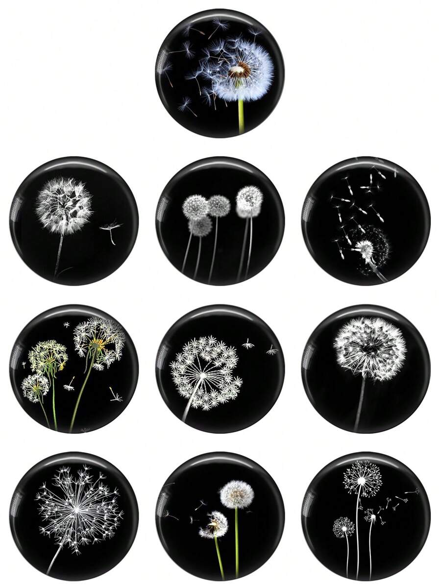 10 piezas de vidrio redondo de cabujón con diseño de diente de león de 12 mm / 20 mm / 25 mm y 10 piezas de vidrio redondo de cabujón de foto mixta para hacer hallazgos planos con parte trasera plana