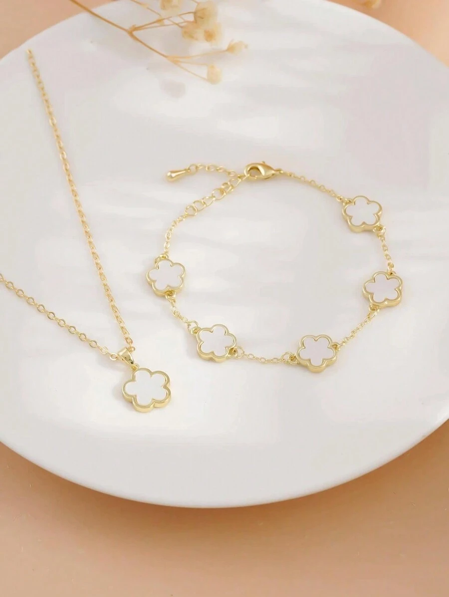 2pcs Dreamy Five-Leaf Clover Necklace & Bracelet Set, French Style Fashionable Minimalist Jewelry For Women Valentines,Mom,Mother,Mother's Day,Gift
