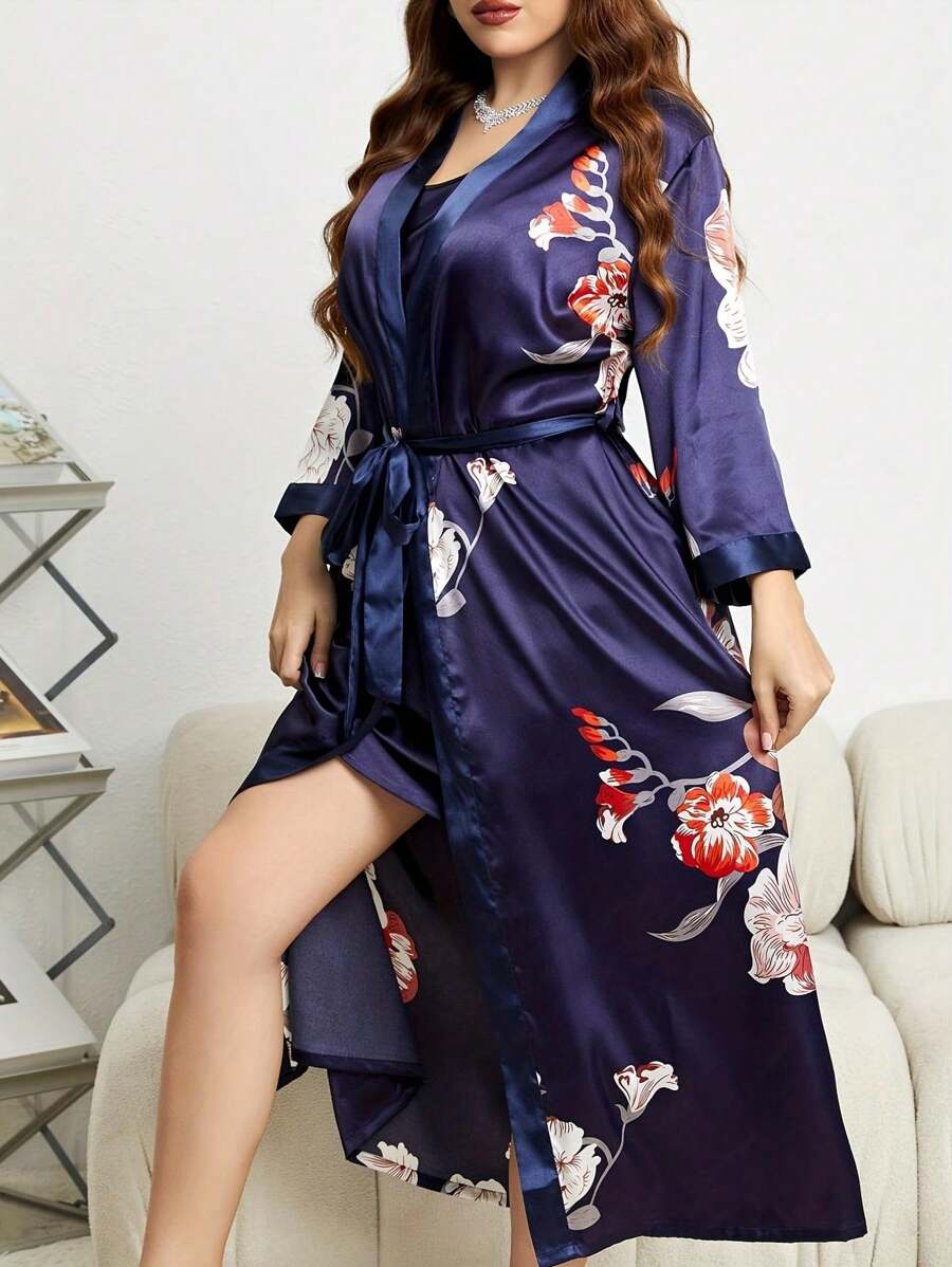 1 pieza Bata larga de seda con cinturón para mujer de talla grande, camisón holgado elegante y de moda con estampado aleatorio, adecuado para uso en casa y vacaciones