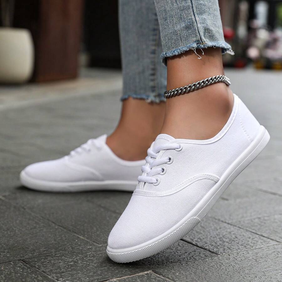 Women's White Athletic Shoes, Canvas Breathable Lightweight Low-Cut Lace-Up Flat Simple Casuals, Ladies' Sports Shoes Suitable For Valentine's Day Date