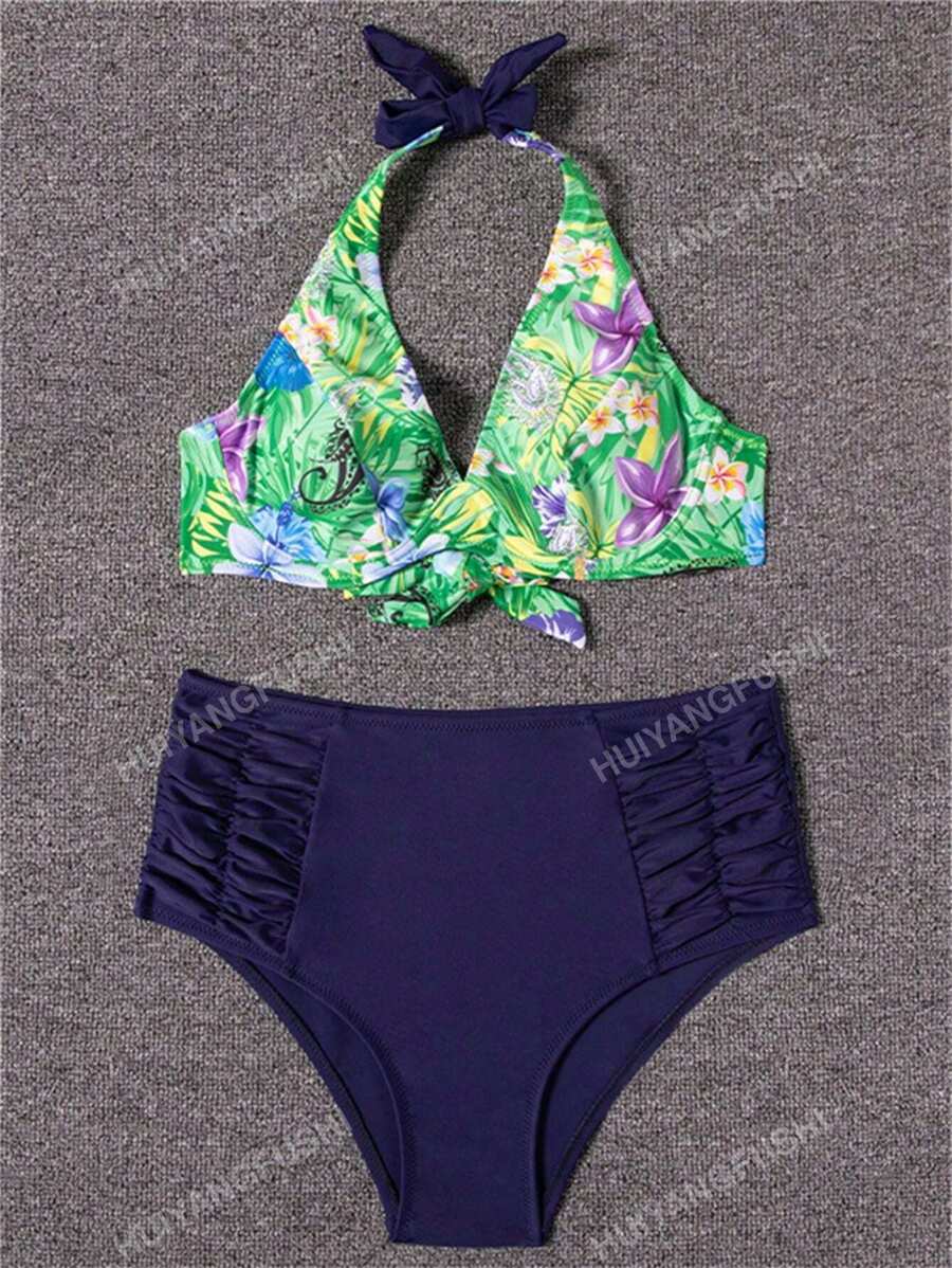 Women Sexy Bikini Set, Floral Print Halter Bra & Solid Color High Waist Bikini Bottom Bathing Suits Summer