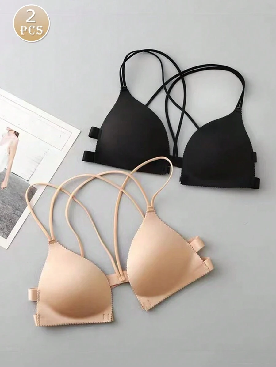 2 pezzi Set di reggiseni canottiera con chiusura anteriore, senza ferretto, con luce imbottitura e schiena incrociata, biancheria intima per le donne