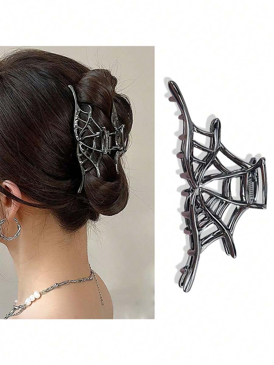 1pc Spider Web Hair Claw Clip For Women, Alloy Metal Hair Accessory With Minimalist Design, Cute Oval-Shaped Hair Clasp, Solid Color, Suitable For Age 14+, Halloween Theme - Halloween Hair Accessories DIY Hair Styling Tools Y2k Skincare Goth Travel