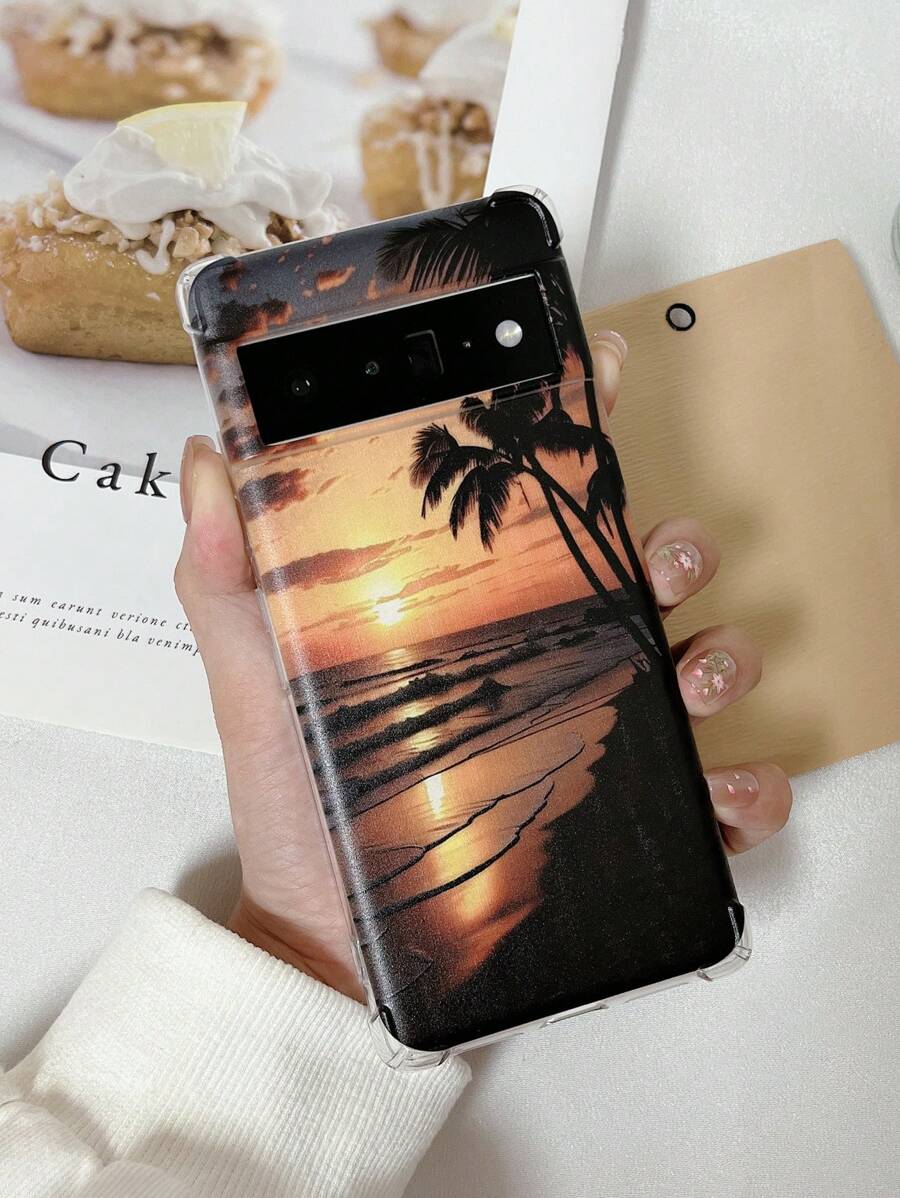 1pc eenvoudig en helder TPU-telefoonhoesje met vier hoeken, valbestendig ontwerp en bedrukt zonsondergangpatroon, compatibel met Pixel 7 Pro, iPhone 15 Pro Max en andere Apple-modellen
