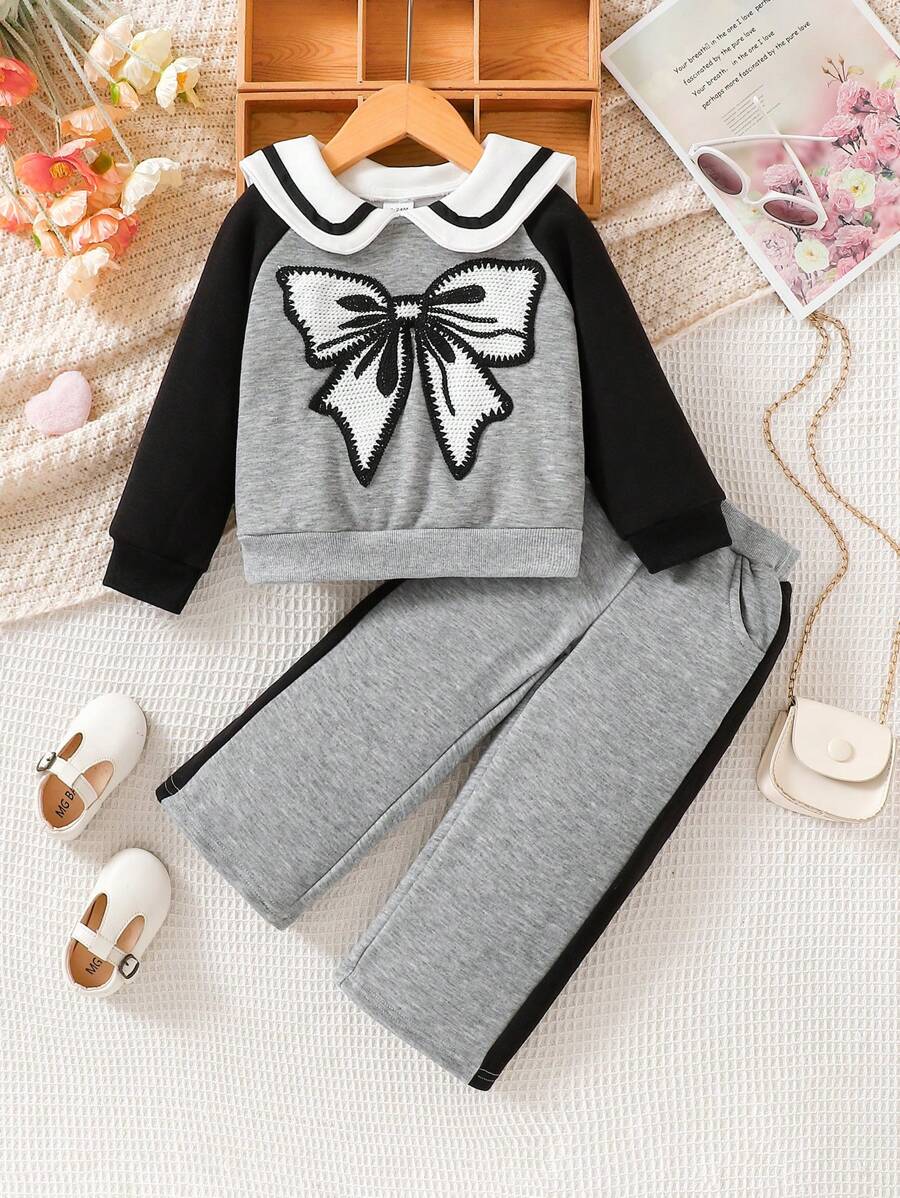 Young Girl New Autumn & Winter Bowknot Long Sleeve Long Pants Fleece Set
