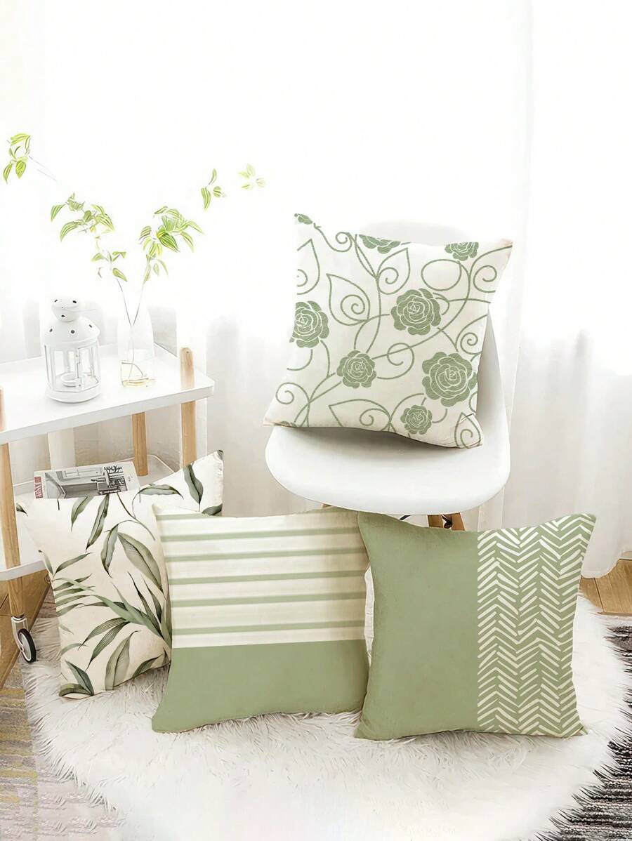 4 pièces Taie d'oreiller en velours doux, en matière de fibre de polyester hypoallergénique, disponible en plusieurs tailles, design floral frais, pour le printemps/l'été, avec fermeture éclair invisible. Convient pour la voiture, le chalet, la décoration de la maison, les coussins de canapé du salon (les inserts ne sont pas inclus)