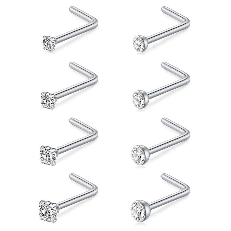 Clous de nez 20g 18g Anneaux de nez Clous de nez en forme de L en acier chirurgical inoxydable avec petit diamant Clous de nez pour femmes et hommes Anneaux de nez tire-bouchon Clous de piercing de nez à vis