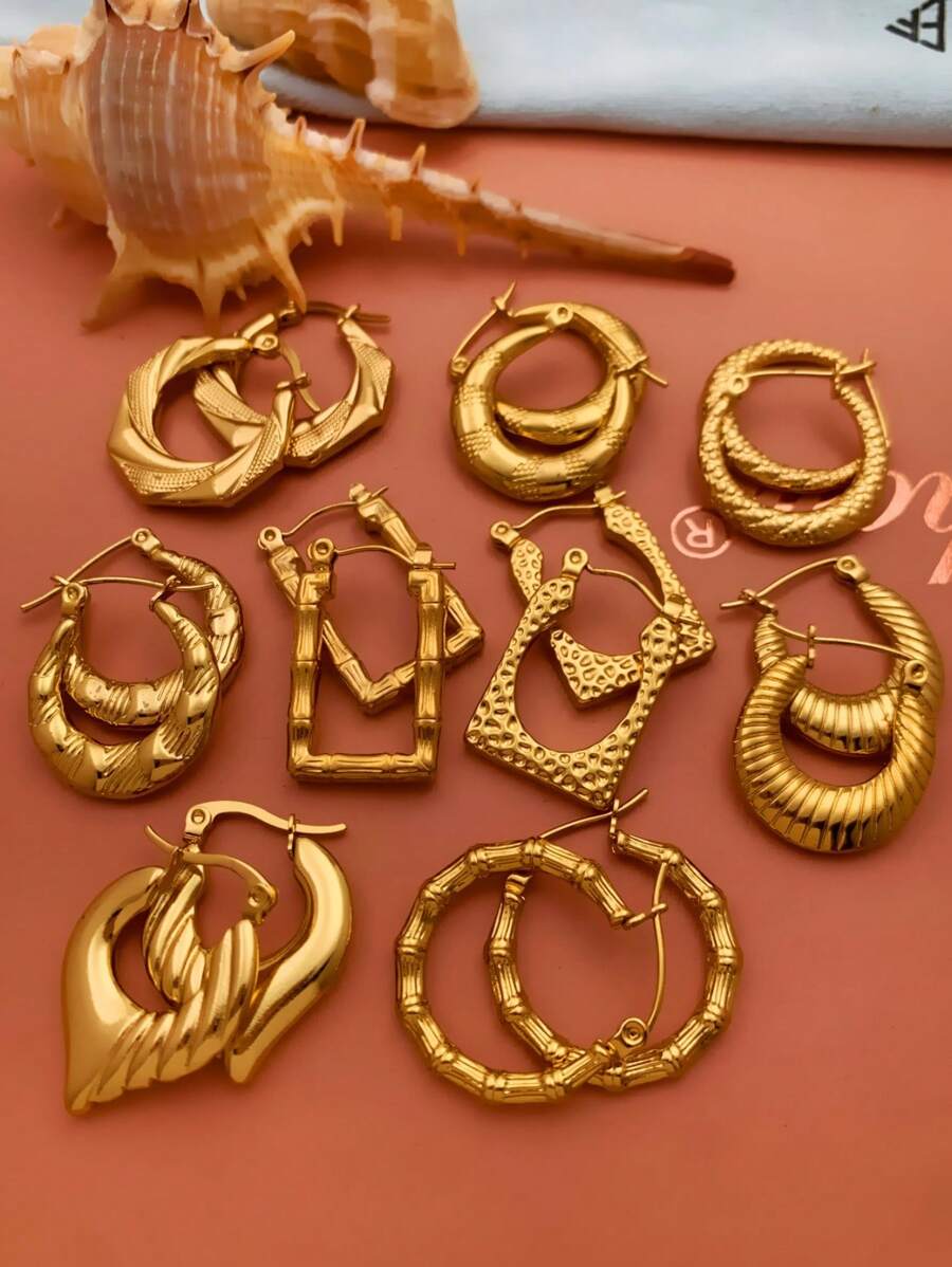 9 Pairs Of Stainless Steel Earrings For Women Large Different Shapes Bamboo Earrings Set Chunky Gold Hoop Earrings Hip Hop Style Fashion Custom Jewelry Party Accessories