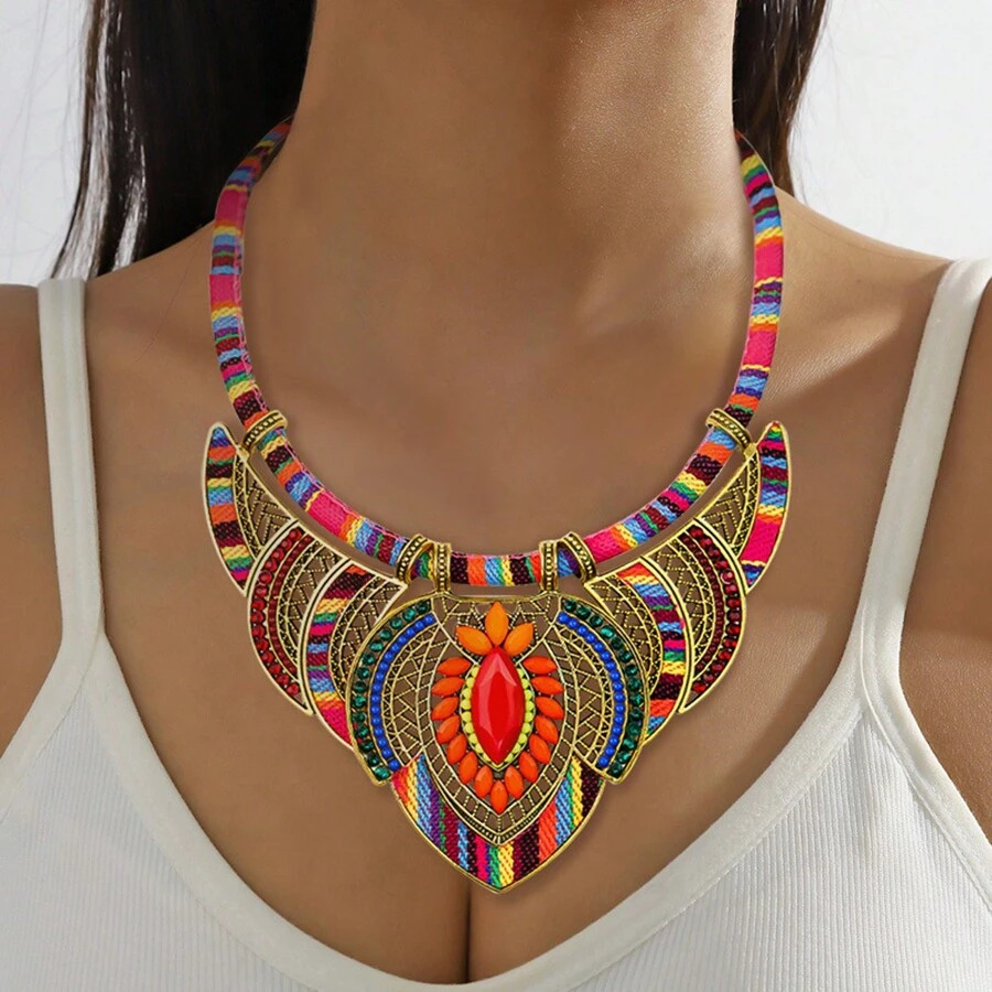 1 Stück böhmischer Vintage-Stil mehrfarbig Strass & Emaille Anhänger Halskette, handgefertigte florale Perlen Edelstein Kette für Frauen tägliches Tragen, Party, Tanz, Date, Festival Geschenk