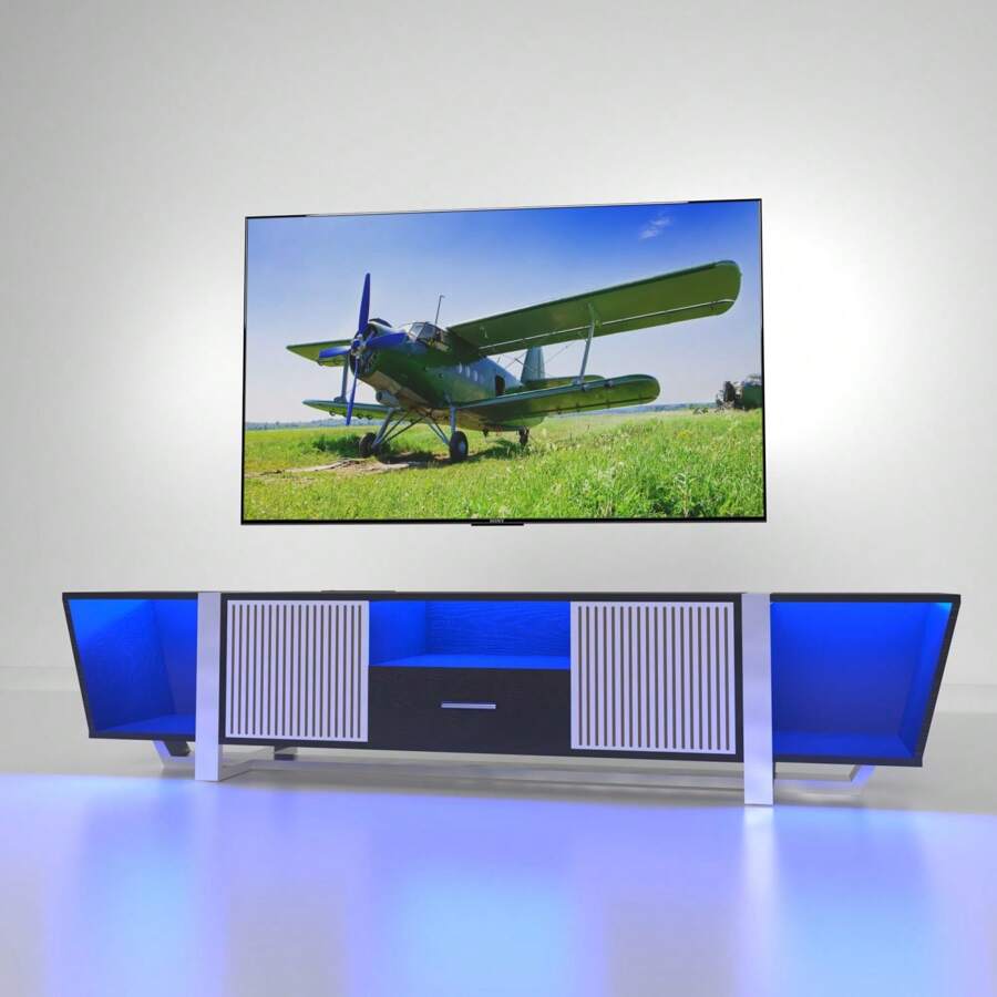 TV Console With Large Storage Cabinets Biplane Shape Design LED TV Stand With Remote Control Multiple Modes Changing Lights Modern Entertainment Center With Power Cord Black
