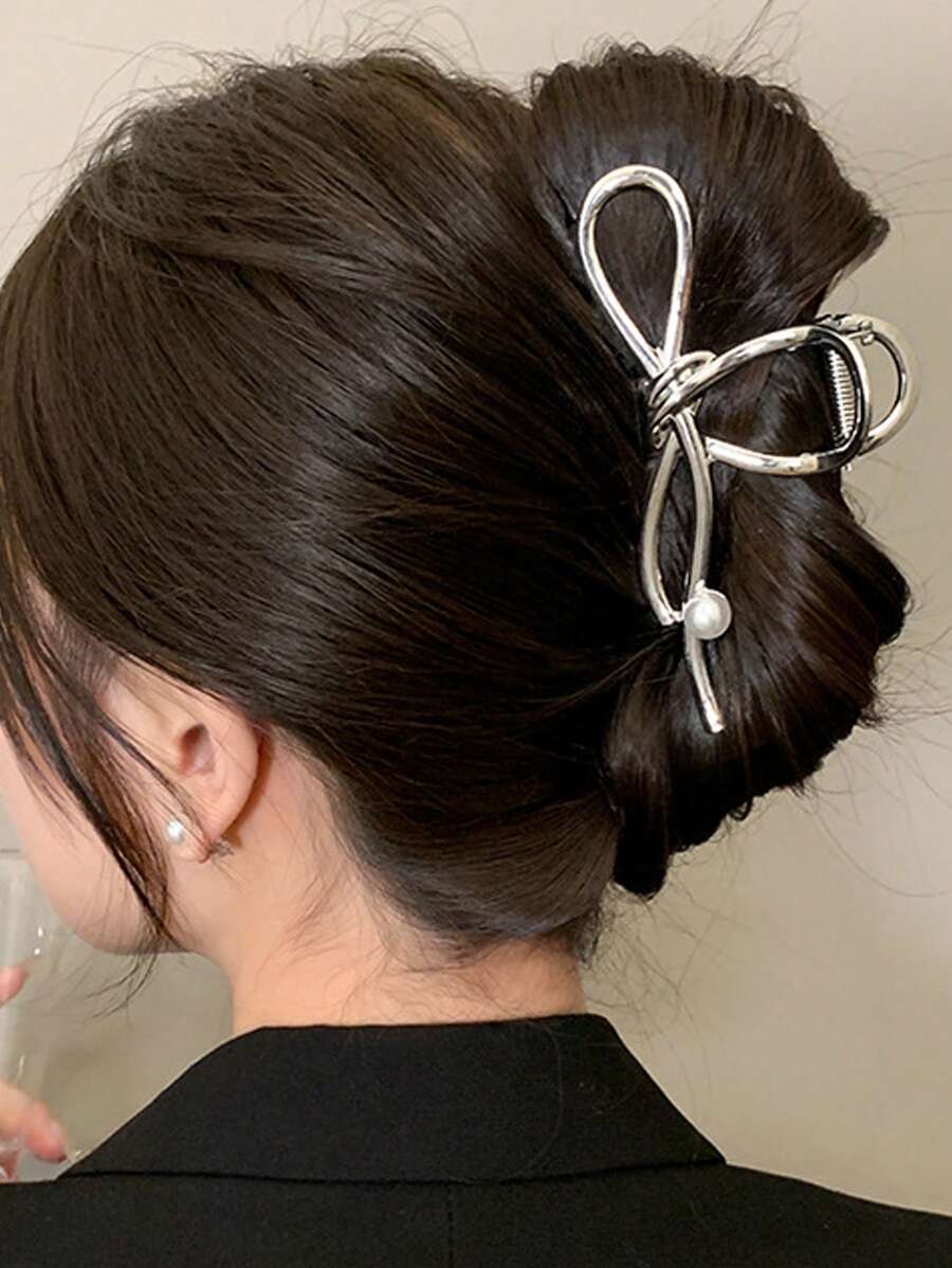 1pc Simple Bowknot Pearl Metal Hair Claw Clip, Large Size For Women's Updo Hairstyles,Hair Accessories,Claw Clips,Hair Jaw Clip,Hair Clutch