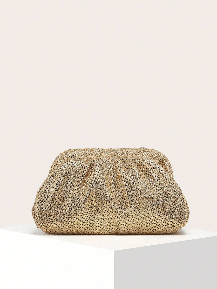 1 pieza Bolso de embrague plegable de mujer vintage con tejido de paja, bolso de embrague elegante para mujer, esencial para vacaciones, perfecto para viajes, vacaciones y playa
