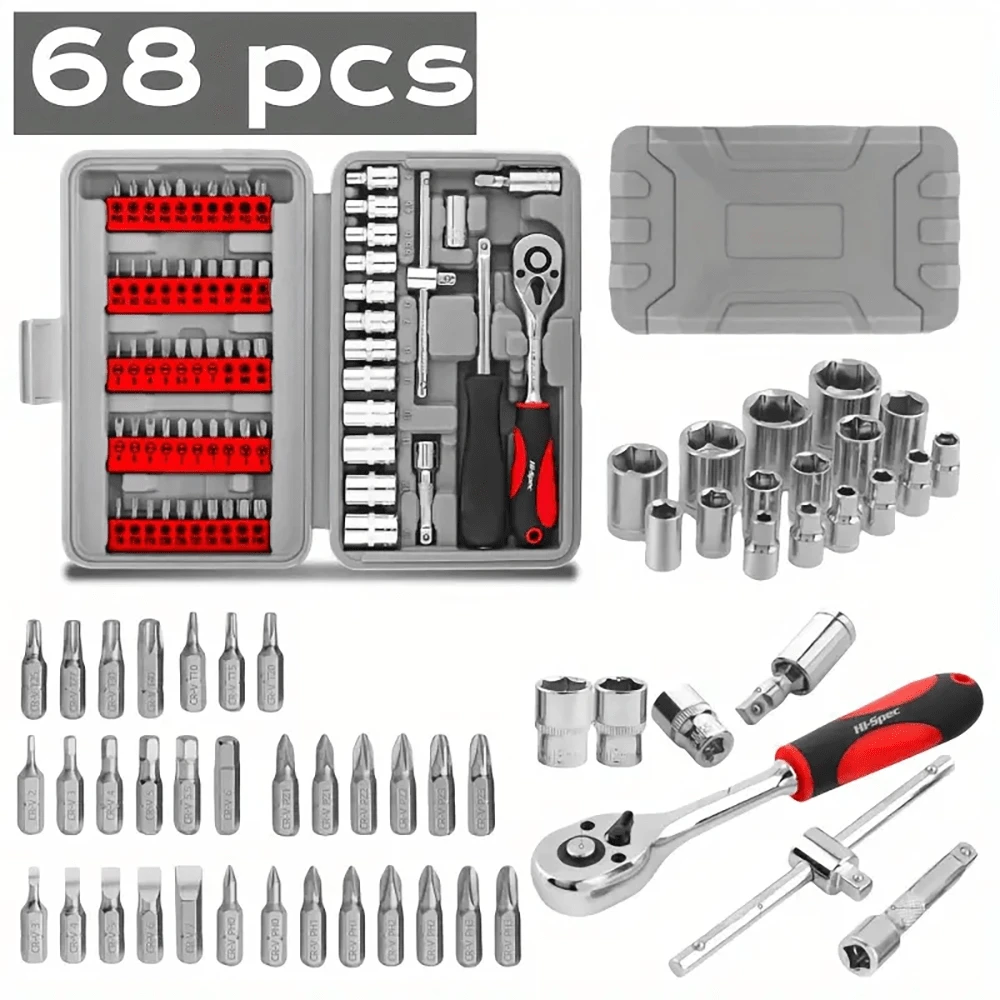 68-Piece Home & Garage Toolbox Set - Includes Pliers, Screwdriver, Socket Kit With Metal Construction